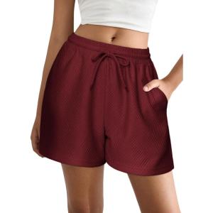 EKOUAER Womens Pajama Shorts Textured Casual Lounge Short Elastic Waist Pj Shorts Sweatsuits with Pockets 2026(Wine Red)