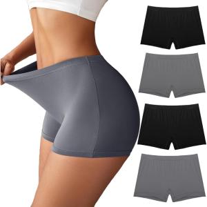 Ekouaer Boyshort Panties Women’s Soft Underwear Briefs Invisible Hipster 3 Pack Seamless Boxer Brief Panties S-XXL(Black & Gray-4 Pack)