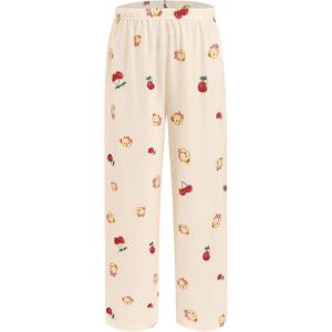 Ekouaer Girls Soft Pajamas Pants Cute Print Pattern PJ Bottoms Comfortable Lounge Long Pants with 2 Pockets(Apricot Teddy Print)