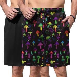 Ekouaer Men’s Pajama Shorts Soft Sleepwear Bottoms Elastic Waistband Loungewear Breathable Men Shorts with Pockets(Colorful Mushrooms and Solid Black)