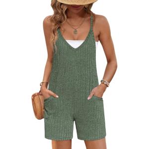 Ekouaer Rompers for Women Summer Casual Sleeveless Spaghetti Strap Jumpsuit Ribbed Shorts Overalls with Pockets(Army Green)
