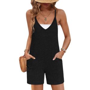 Ekouaer Rompers for Women Summer Casual Sleeveless Spaghetti Strap Jumpsuit Ribbed Shorts Overalls with Pockets(Black)
