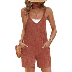Ekouaer Rompers for Women Summer Casual Sleeveless Spaghetti Strap Jumpsuit Ribbed Shorts Overalls with Pockets(Caramel)