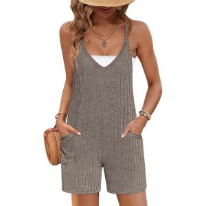 Ekouaer Rompers for Women Summer Casual Sleeveless Spaghetti Strap Jumpsuit Ribbed Shorts Overalls with Pockets(Coffee Brown)
