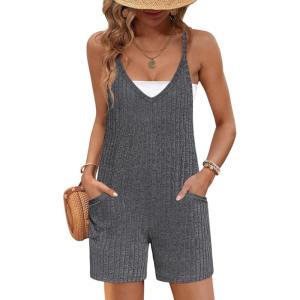 Ekouaer Rompers for Women Summer Casual Sleeveless Spaghetti Strap Jumpsuit Ribbed Shorts Overalls with Pockets(Dark Grey)