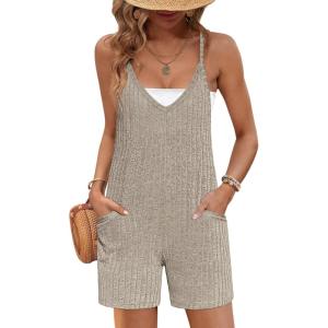 Ekouaer Rompers for Women Summer Casual Sleeveless Spaghetti Strap Jumpsuit Ribbed Shorts Overalls with Pockets(Khaki)