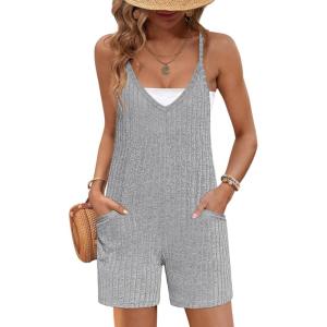 Ekouaer Rompers for Women Summer Casual Sleeveless Spaghetti Strap Jumpsuit Ribbed Shorts Overalls with Pockets(Light Grey)