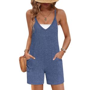 Ekouaer Rompers for Women Summer Casual Sleeveless Spaghetti Strap Jumpsuit Ribbed Shorts Overalls with Pockets(Navy Blue)
