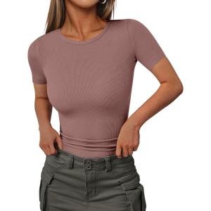 Ekouaer Women Short Sleeve Shirts Lightweight Thermal Tops Ribbed Knitted Outfit Tees Soft Crew Neck Undershirt Basic Clothes(Gray)