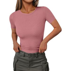 Ekouaer Women Short Sleeve Shirts Lightweight Thermal Tops Ribbed Knitted Outfit Tees Soft Crew Neck Undershirt Basic Clothes(Lotus Color)