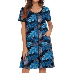 Ekouaer Women Zipper Front House Coat Short Sleeves Robe Zip Up Bathrobes Short Nightgown with Pockets S-3XL(Blue Leaf)