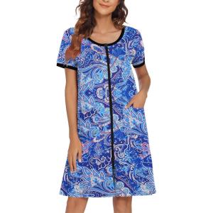 Ekouaer Women Zipper Front House Coat Short Sleeves Robe Zip Up Bathrobes Short Nightgown with Pockets S-3XL(Blue Paisley)
