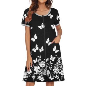 Ekouaer Women Zipper Front House Coat Short Sleeves Robe Zip Up Bathrobes Short Nightgown with Pockets S-3XL(Butterfly Print)