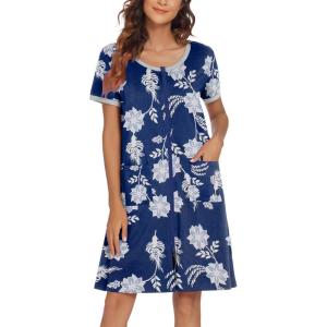 Ekouaer Women Zipper Front House Coat Short Sleeves Robe Zip Up Bathrobes Short Nightgown with Pockets S-3XL(Evening Blue Vines)