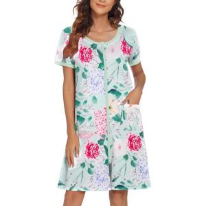 Ekouaer Women Zipper Front House Coat Short Sleeves Robe Zip Up Bathrobes Short Nightgown with Pockets S-3XL(Flower Green)