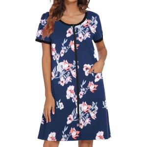 Ekouaer Women Zipper Front House Coat Short Sleeves Robe Zip Up Bathrobes Short Nightgown with Pockets S-3XL(Navy Blue Floral)