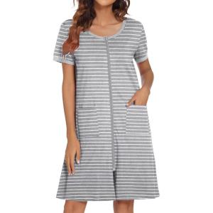 Ekouaer Women Zipper Front House Coat Short Sleeves Robe Zip Up Bathrobes Short Nightgown with Pockets S-3XL(Striped Print)