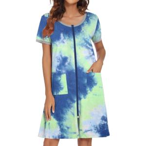 Ekouaer Women Zipper Front House Coat Short Sleeves Robe Zip Up Bathrobes Short Nightgown with Pockets S-3XL(Tie Dye Blue)
