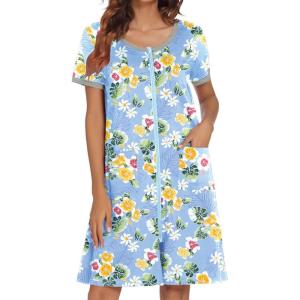 Ekouaer Women Zipper Front House Coat Short Sleeves Robe Zip Up Bathrobes Short Nightgown with Pockets S-3XL(Yellow Floral)