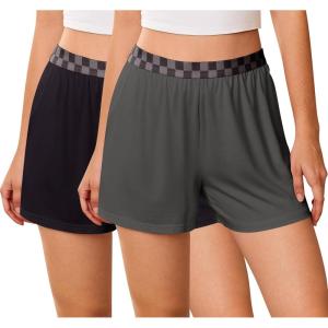 Ekouaer Womens 2 Pack Pajama Shorts 2026 Comfy Elastic Waist Sleep Shorts Bamboo Viscose Soft Pj Bottoms with Pockets(Black+dark Gray)
