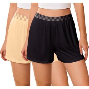 Ekouaer Womens 2 Pack Pajama Shorts 2026 Comfy Elastic Waist Sleep Shorts Bamboo Viscose Soft Pj Bottoms with Pockets(Black+light Brown)