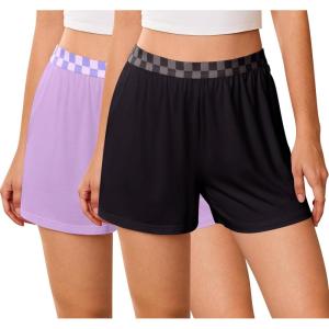 Ekouaer Womens 2 Pack Pajama Shorts 2026 Comfy Elastic Waist Sleep Shorts Bamboo Viscose Soft Pj Bottoms with Pockets(Black+light Purple)