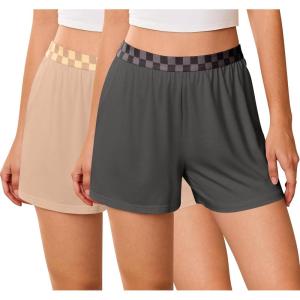 Ekouaer Womens 2 Pack Pajama Shorts 2026 Comfy Elastic Waist Sleep Shorts Bamboo Viscose Soft Pj Bottoms with Pockets(Dark Gray+khaki)