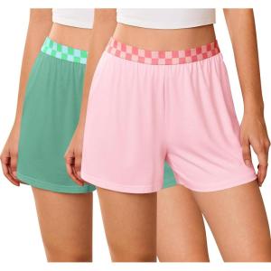 Ekouaer Womens 2 Pack Pajama Shorts 2026 Comfy Elastic Waist Sleep Shorts Bamboo Viscose Soft Pj Bottoms with Pockets(Pink+gray Green)