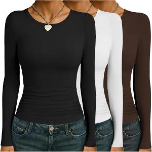 Ekouaer Womens 3 Pack Long Sleeve Shirts Ruched Side Fitted Undershirts Round Neck Underscrubs Thermal Tops XS-XXL(A Brown/White/Black)