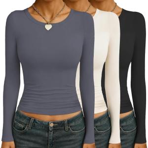Ekouaer Womens 3 Pack Long Sleeve Shirts Ruched Side Fitted Undershirts Round Neck Underscrubs Thermal Tops XS-XXL(Beige/Grey/Black)