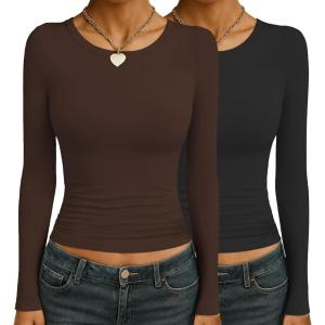 Ekouaer Womens 3 Pack Long Sleeve Shirts Ruched Side Fitted Undershirts Round Neck Underscrubs Thermal Tops XS-XXL(Black/Brown)