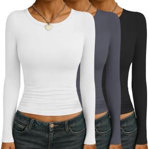 Ekouaer Womens 3 Pack Long Sleeve Shirts Ruched Side Fitted Undershirts Round Neck Underscrubs Thermal Tops XS-XXL(Black/Grey/White)
