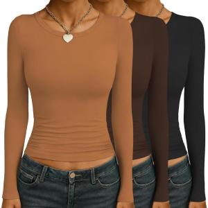 Ekouaer Womens 3 Pack Long Sleeve Shirts Ruched Side Fitted Undershirts Round Neck Underscrubs Thermal Tops XS-XXL(Brown/Caramel/Black)