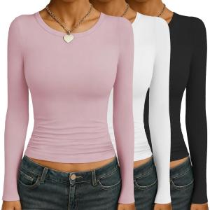 Ekouaer Womens 3 Pack Long Sleeve Shirts Ruched Side Fitted Undershirts Round Neck Underscrubs Thermal Tops XS-XXL(Pink/White/Black)