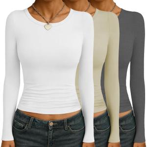 Ekouaer Womens 3 Pack Long Sleeve Shirts Ruched Side Fitted Undershirts Round Neck Underscrubs Thermal Tops XS-XXL(White/Khaki/Ash Grey)