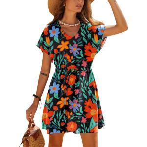 Ekouaer Women’s Cover Ups Casual Swimsuit Coverups Flowy Tie Waist Beach Cover Up Dress(Black Floral)
