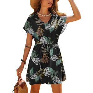 Ekouaer Women’s Cover Ups Casual Swimsuit Coverups Flowy Tie Waist Beach Cover Up Dress(Black Leaf)