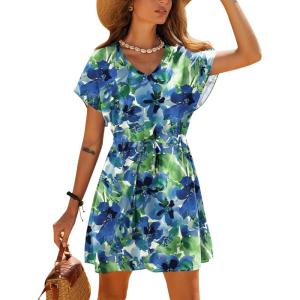 Ekouaer Women’s Cover Ups Casual Swimsuit Coverups Flowy Tie Waist Beach Cover Up Dress(Indigo Ink Bloom)