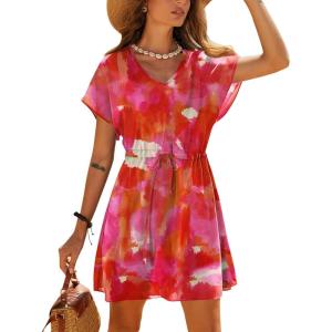 Ekouaer Women’s Cover Ups Casual Swimsuit Coverups Flowy Tie Waist Beach Cover Up Dress(Rose Tie Dye)
