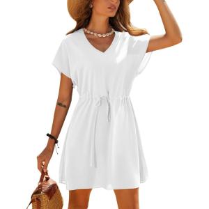 Ekouaer Women’s Cover Ups Casual Swimsuit Coverups Flowy Tie Waist Beach Cover Up Dress(White)
