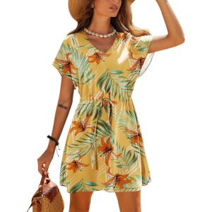 Ekouaer Women’s Cover Ups Casual Swimsuit Coverups Flowy Tie Waist Beach Cover Up Dress(Yellow Print)