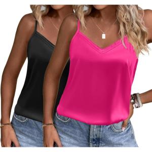 Ekouaer Women’s Lace Silk Satin Pajama Tank Tops V Neck Camisole Soft Spaghetti Strap Tops Loose Sleepwear S-3XL(Black / Rose Red)