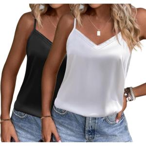 Ekouaer Women’s Lace Silk Satin Pajama Tank Tops V Neck Camisole Soft Spaghetti Strap Tops Loose Sleepwear S-3XL(Black / White)