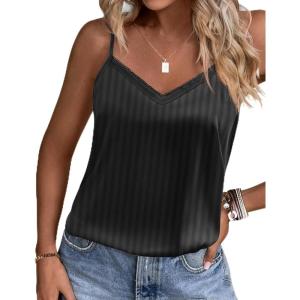 Ekouaer Women’s Lace Silk Satin Pajama Tank Tops V Neck Camisole Soft Spaghetti Strap Tops Loose Sleepwear S-3XL(Black Stripes)