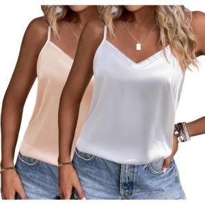 Ekouaer Women’s Lace Silk Satin Pajama Tank Tops V Neck Camisole Soft Spaghetti Strap Tops Loose Sleepwear S-3XL(Champagne / White)