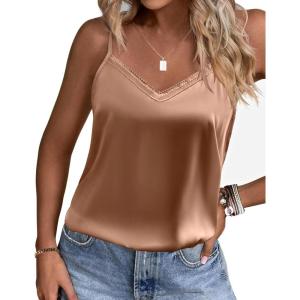 Ekouaer Women’s Lace Silk Satin Pajama Tank Tops V Neck Camisole Soft Spaghetti Strap Tops Loose Sleepwear S-3XL(Dark Khaki)