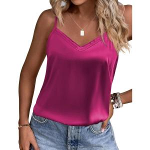 Ekouaer Women’s Lace Silk Satin Pajama Tank Tops V Neck Camisole Soft Spaghetti Strap Tops Loose Sleepwear S-3XL(Rose Red)