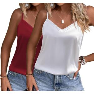 Ekouaer Women’s Lace Silk Satin Pajama Tank Tops V Neck Camisole Soft Spaghetti Strap Tops Loose Sleepwear S-3XL(White / Wine Red)