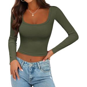 Ekouaer Womens Long Sleeve Square Neck Crop Top Ribbed Slim Fitted Going Out Y2K Tops Casual Basic Shirts Tee(Army Green)