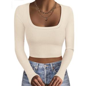 Ekouaer Womens Long Sleeve Square Neck Crop Top Ribbed Slim Fitted Going Out Y2K Tops Casual Basic Shirts Tee(Beige)